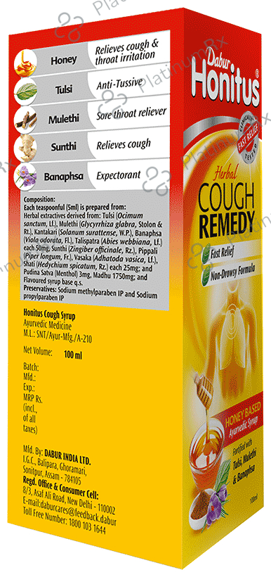 Dabur Honitus Honey-Based Cough Syrup - Fast Relief from Cough, Cold & Sore Throat - Non-Drowsy