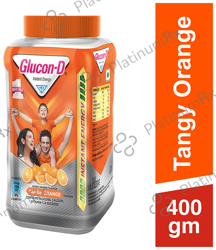 Glucon-D with Glucose, Calcium, Vitamin C & Sucrose - Flavour Tangy Orange 400 gm