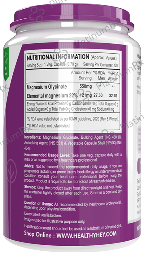 HealthyHey Nutrition Magnesium Glycinate 550mg - Veg Capsule for Muscles, Nerves & Sleep Support 120 vegicaps