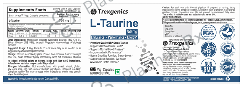 Trexgenics L-Taurine 750mg Veg Capsule