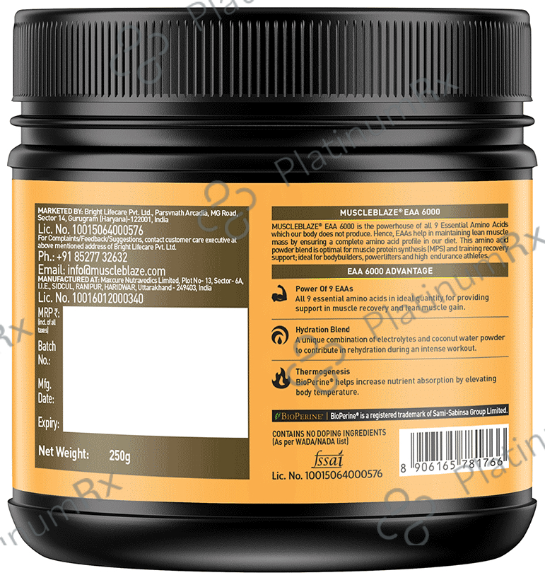 MuscleBlaze MB EAA 6000 with 800 mg Hydration Blend & 5 mg Bioperine Powder Lemonade