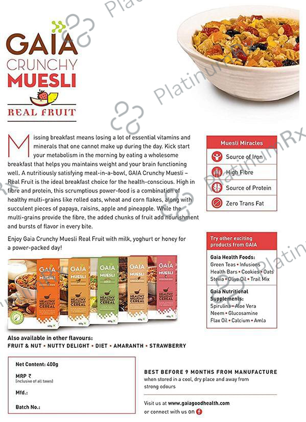 GAIA with Vitamins, Minerals, High Protein & Fibres for Nutrition - Crunchy Muesli Real Fruit 400 gm