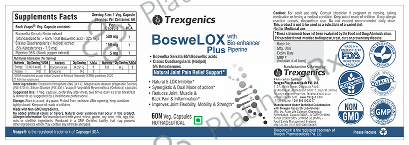 Trexgenics Bosewelox Plus Boswellia Cissus Veg Capsules