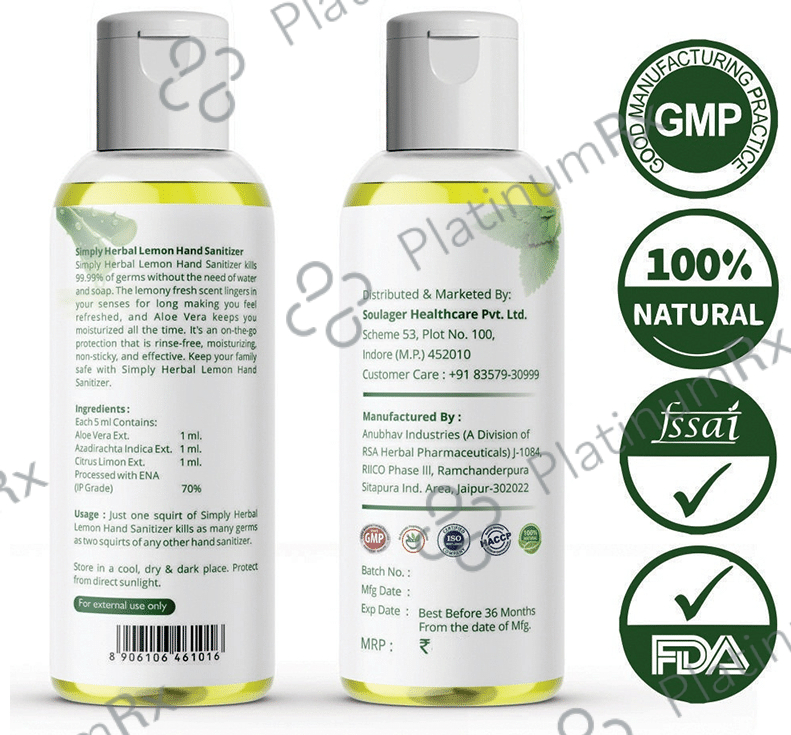 Simply Herbal Hand Sanitizer with Lemon,Neem & Aloevera Kills 99.99% Germs & Bacteria Sanitizer