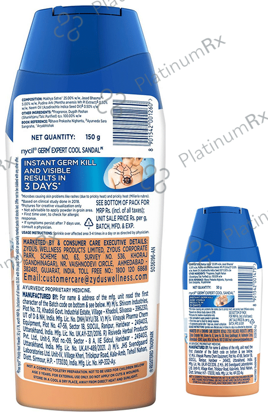 Nycil Germ Expert Cool Sandal Prickly Heat Powder with Nycil Cool Herbal 50gm Free