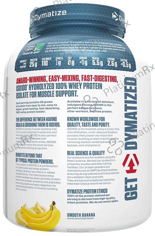 Dymatize Nutrition ISO 100 Hydrolyzed 100% Whey Protein Isloate Powder Smooth Banana