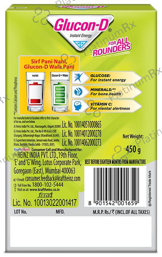 Glucon-D with Glucose, Calcium, Vitamin C & Sucrose - Flavour Nimbu Pani 450 gm