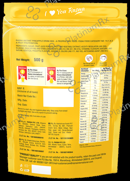 Rasna International with Glucose, Minerals & Vitamins - Flavour Instant Pineapple