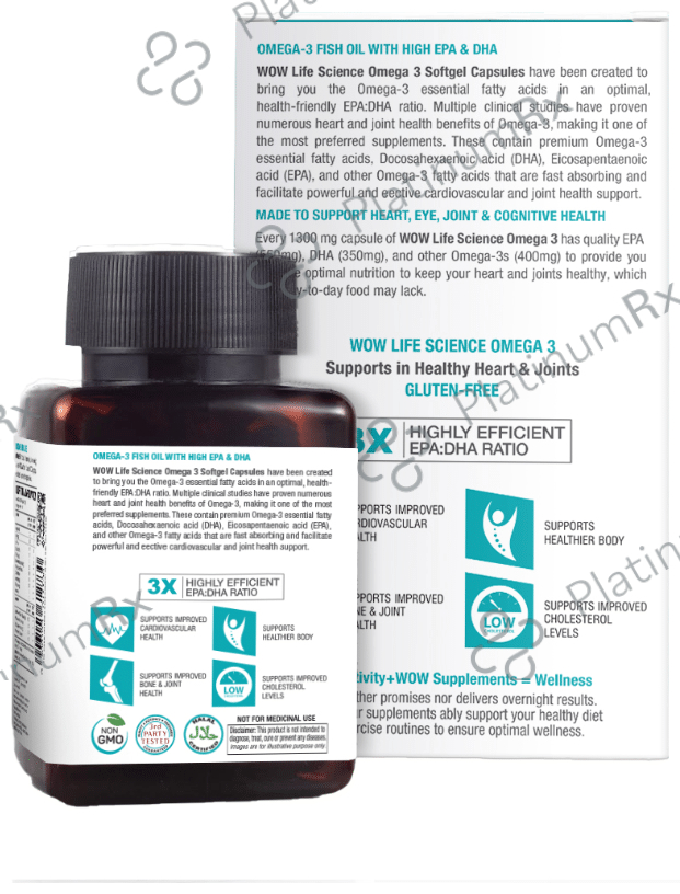 WOW Life Science Omega 3 1300 mg - EPA & DHA Softgel Capsule for Healthy Heart, Eyes & Joints