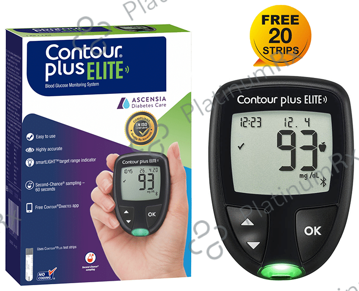 Contour Plus Elite Blood Glucose Monitoring System Glucometer with Contour Plus Blood Glucose Test Strips Free 1s