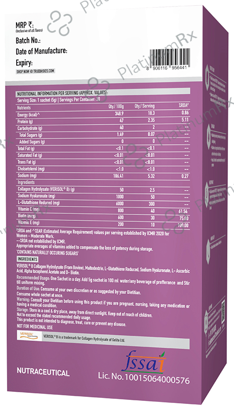 TrueBasics Collagen Skin - With L-Glutathione, Hyaluronic Acid & Biotin - Sachet for Healthy Skin, Hair & Nails Unflavored