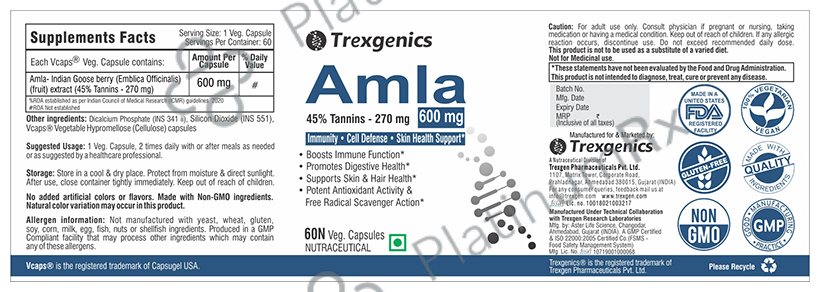 Trexgenics Amla 45% Tannins 600mg Veg Capsule