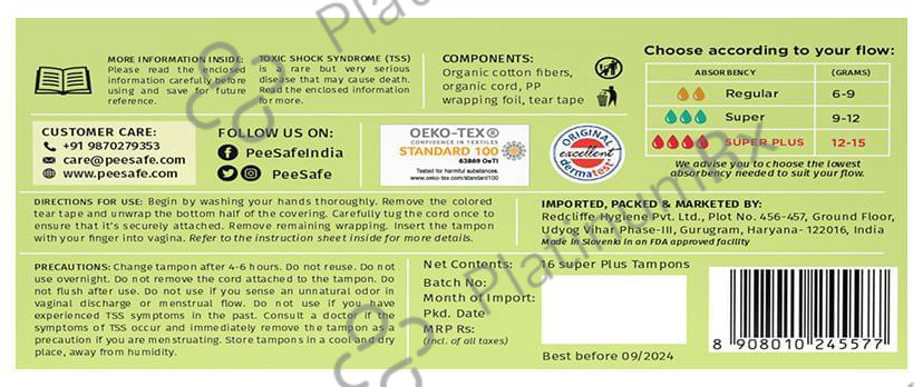 Pee Safe 100% Organic Cotton Biodegradable Tampons Super Plus