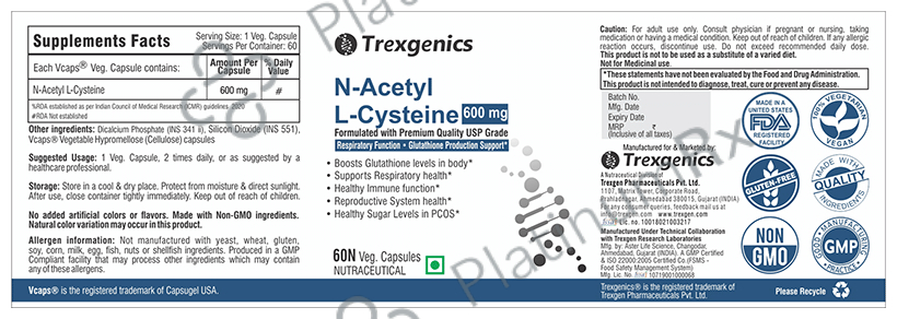 Trexgenics N-Acetyl L-Cysteine 600mg Veg Capsule - For Respiratory Health & Glutathione Production