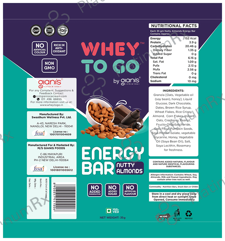 Whey To Go Energy Bar (35gm Each) Nutty Almonds 12 bars