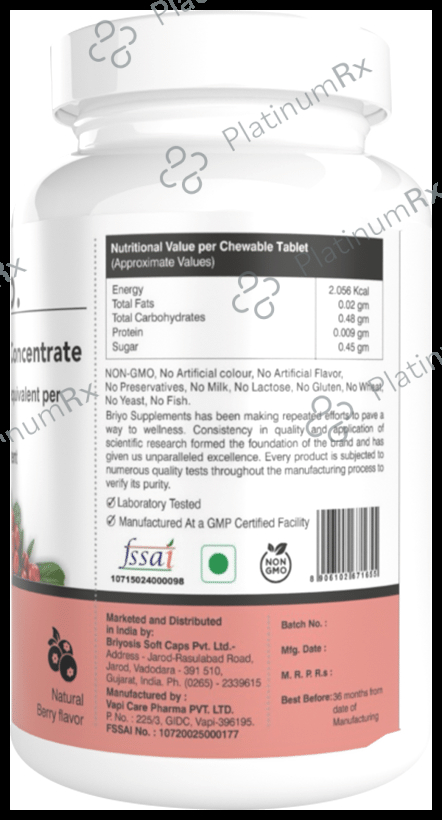 Briyo Cranberry Concentrate Chewable Tablet (Equivalent To 2000 Mg Cranberry Fruit) Natural Berry